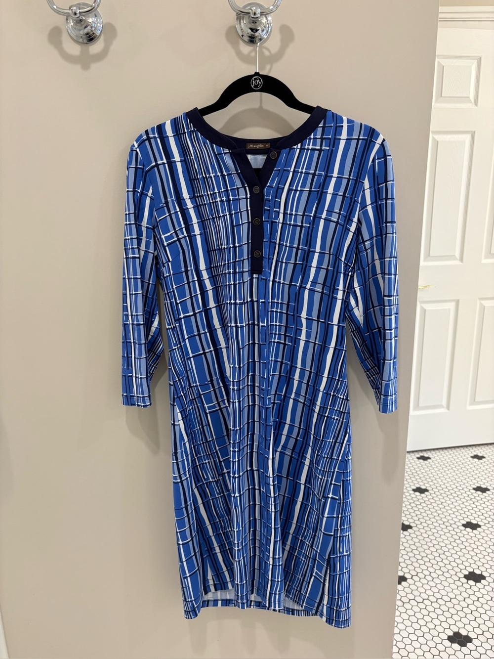 J. McLaughlin Catalina Cloth Blue Geometric Print Dress Medium 3/4 Sleeve